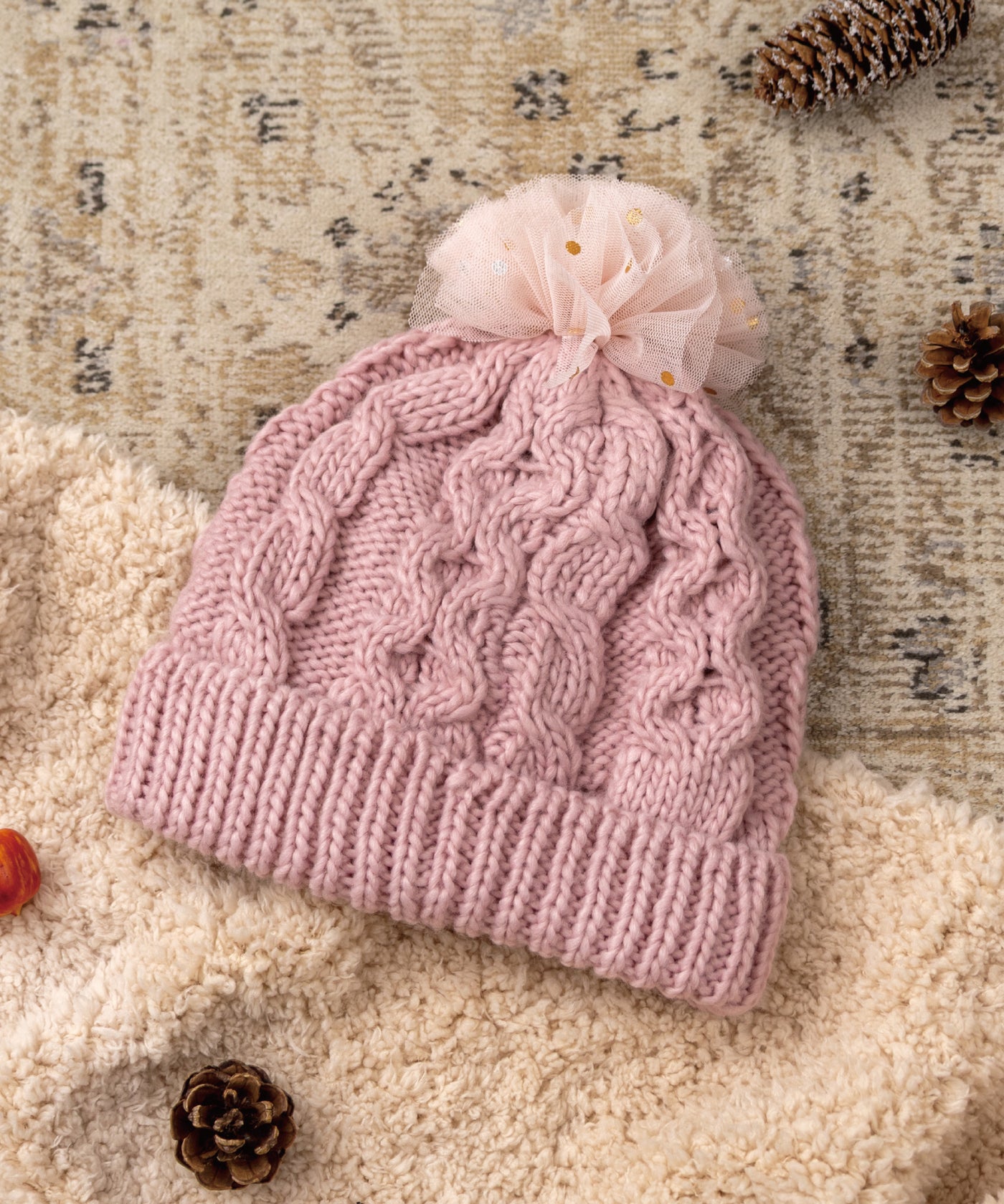 チュールポンポンニット帽