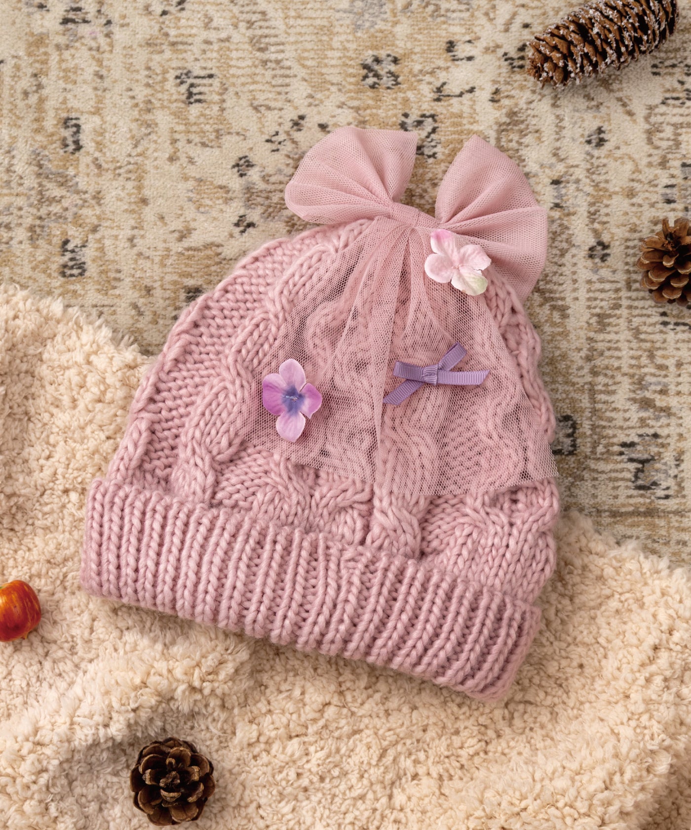 お花とリボンのニット帽