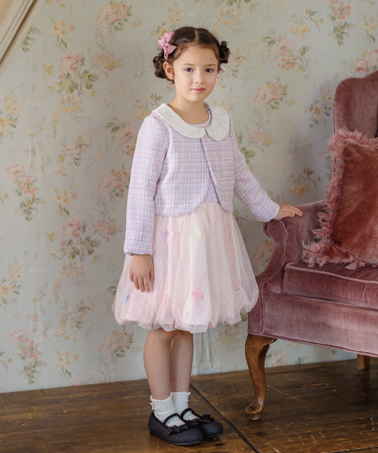 お花とリボンのフォーマルセットアップ(2点セット)/ピンクツイード