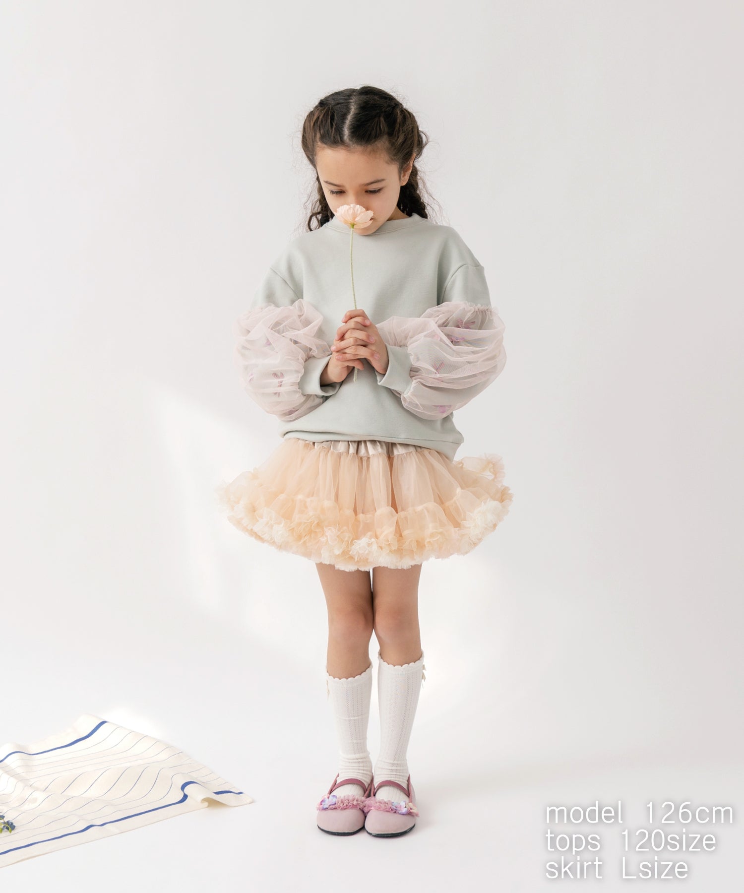 お花とリボンのバルーンスリーブスウェット/クリームミント