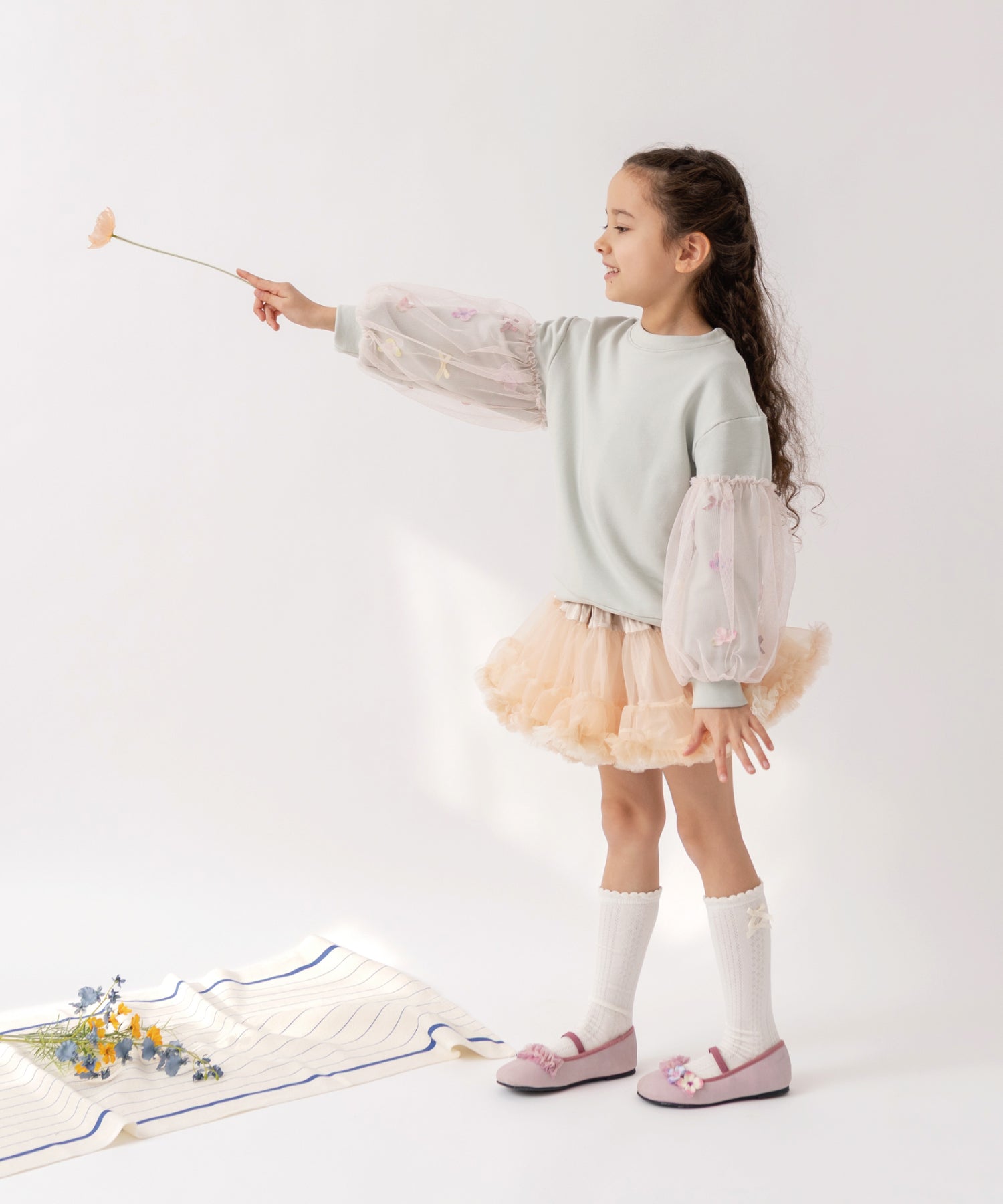 お花とリボンのバルーンスリーブスウェット/クリームミント