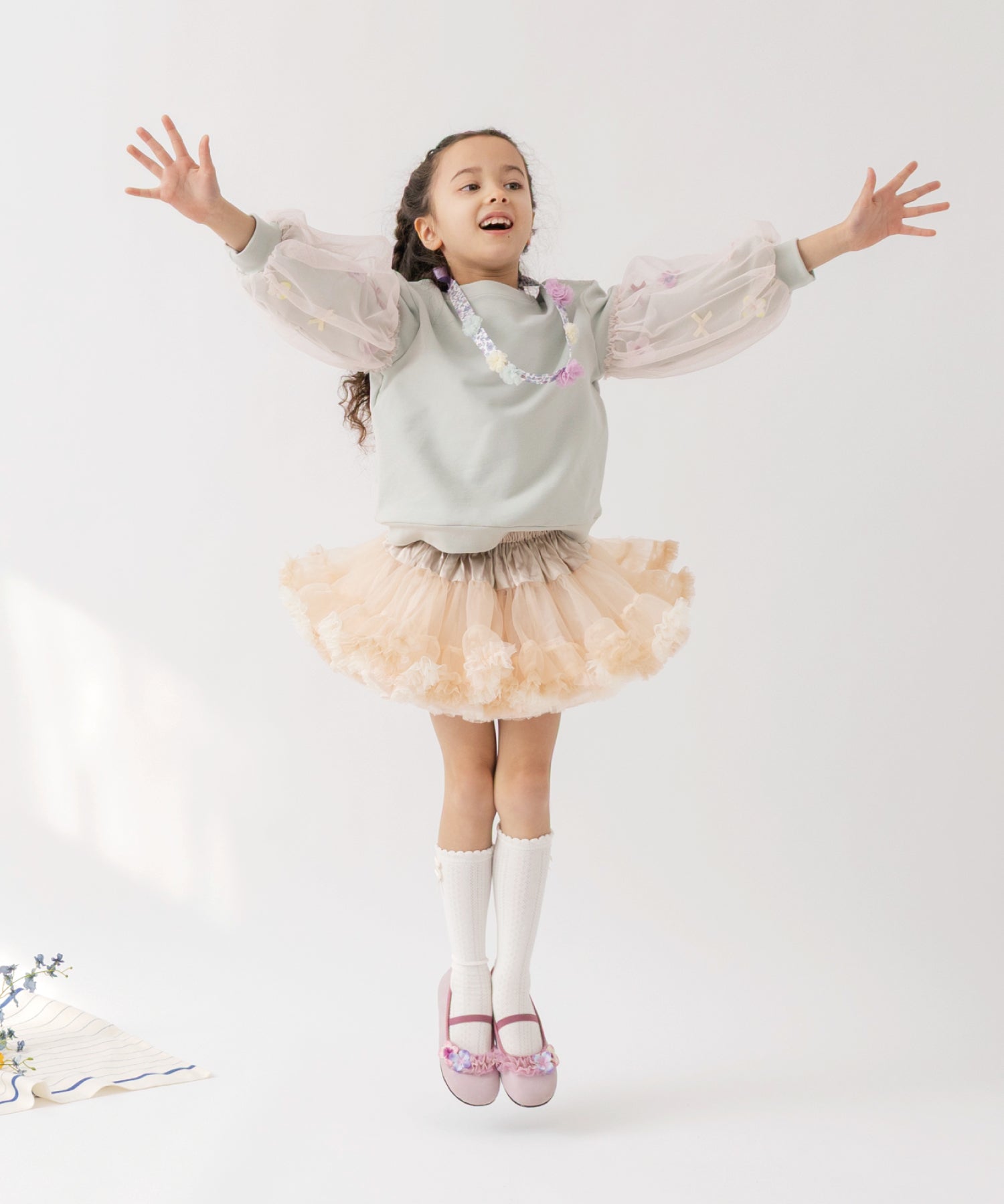 お花とリボンのバルーンスリーブスウェット/クリームミント