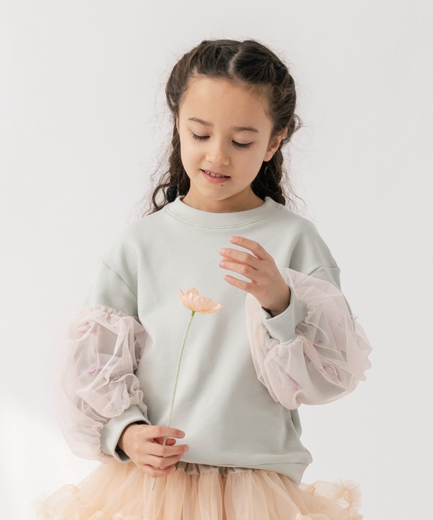 お花とリボンのバルーンスリーブスウェット/クリームミント