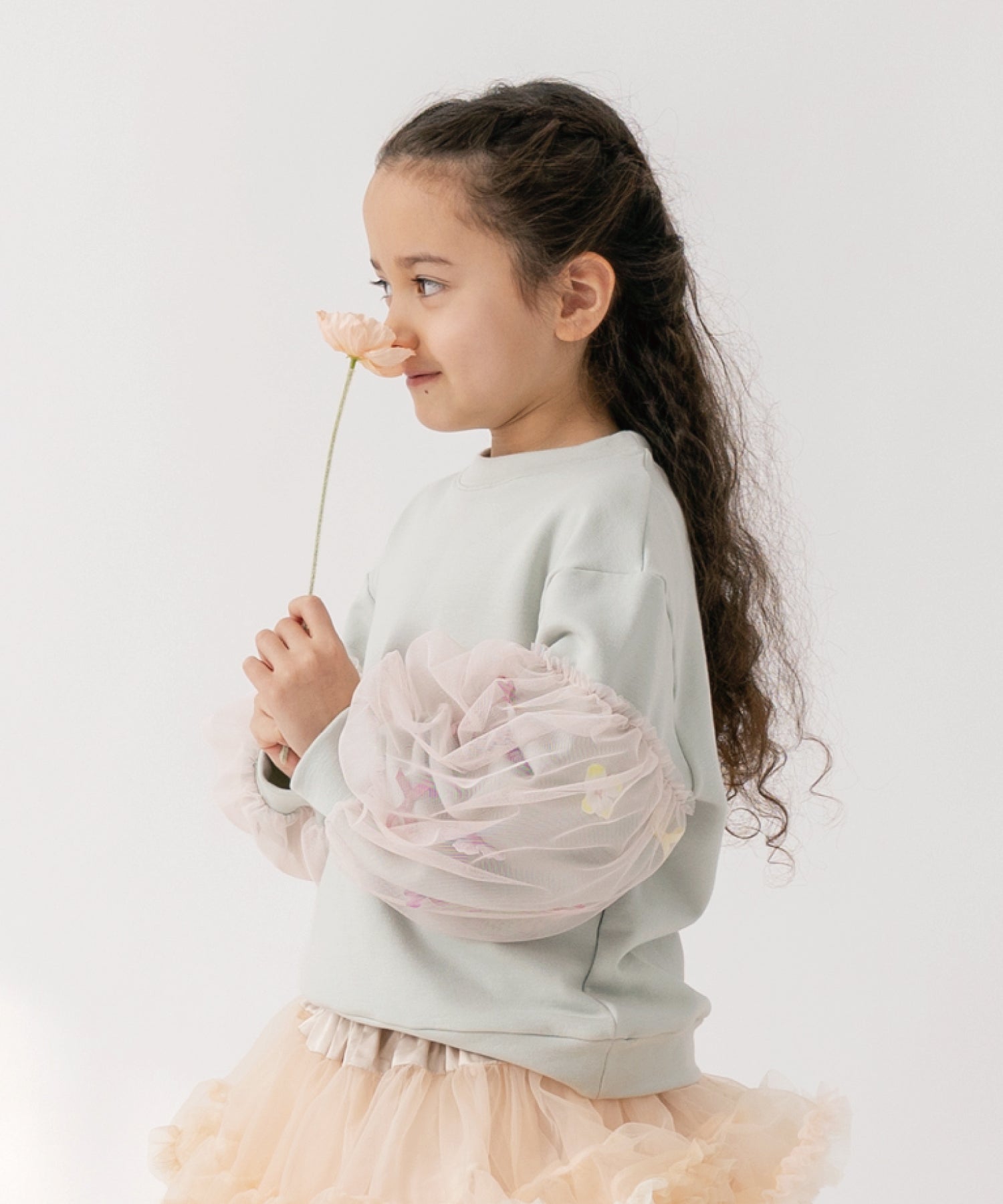 お花とリボンのバルーンスリーブスウェット/クリームミント
