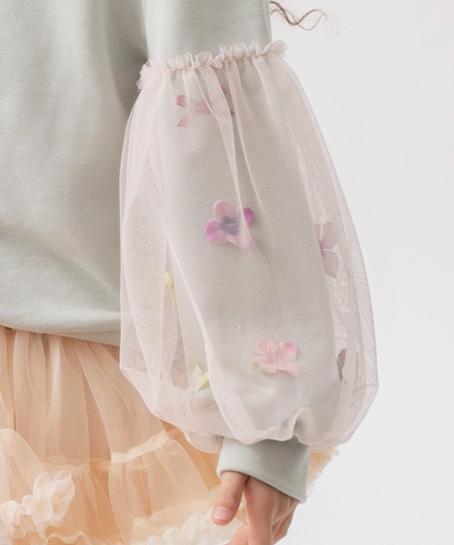 お花とリボンのバルーンスリーブスウェット/クリームミント