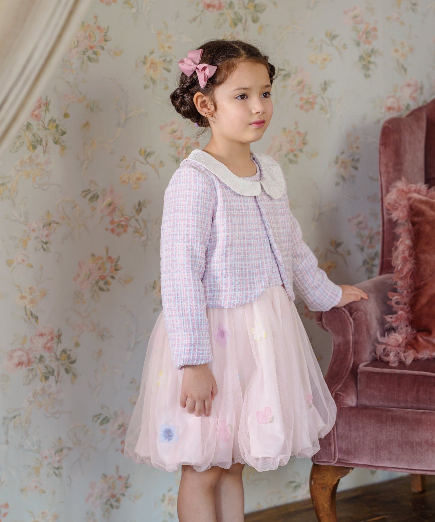 お花とリボンのフォーマルセットアップ(2点セット)/ピンクツイード