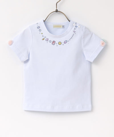 ジュエリーネックレストップス(半袖)/アクアブルー