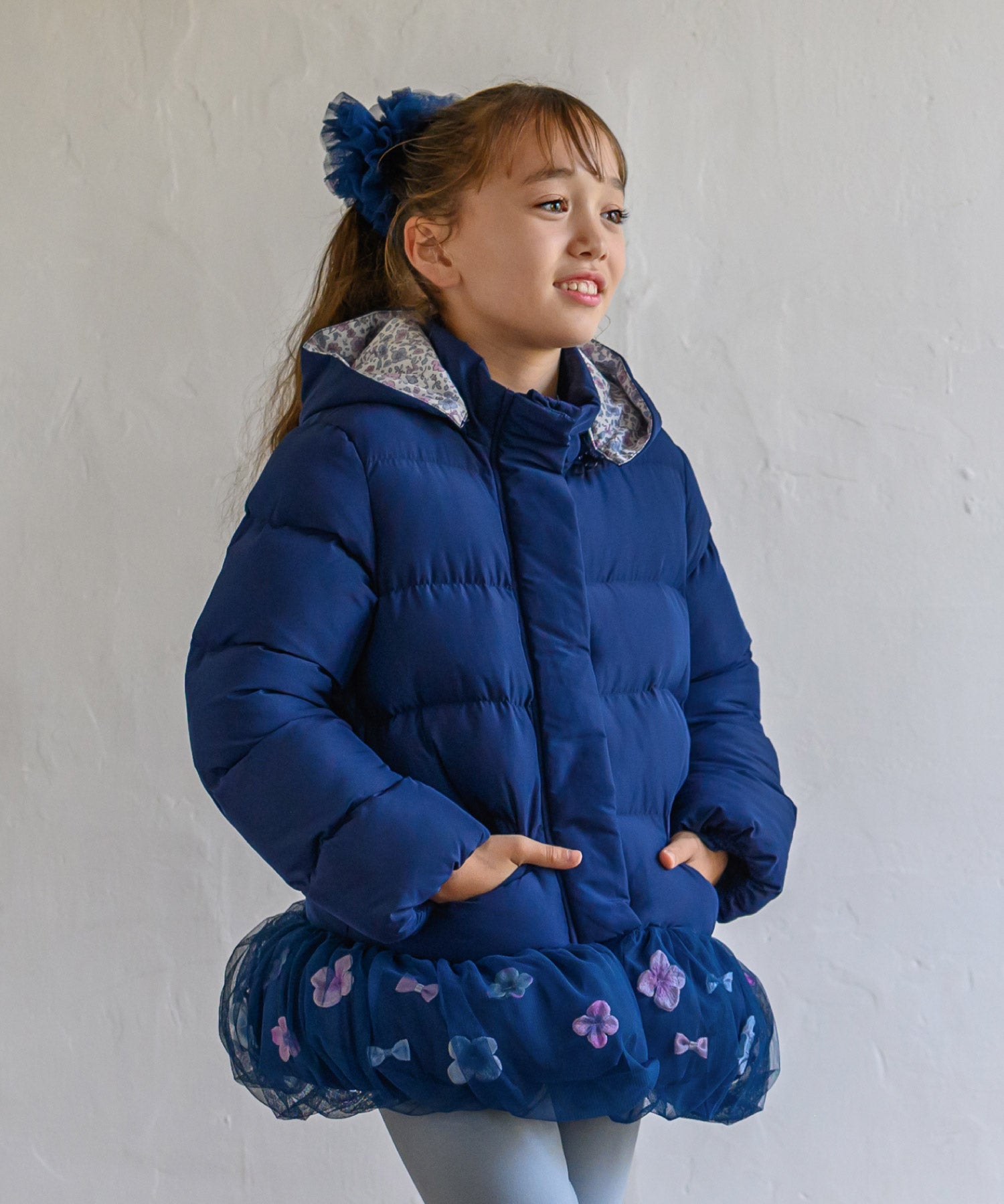 お花とリボンのバルーンコート(フードが取れる)/ネイビー