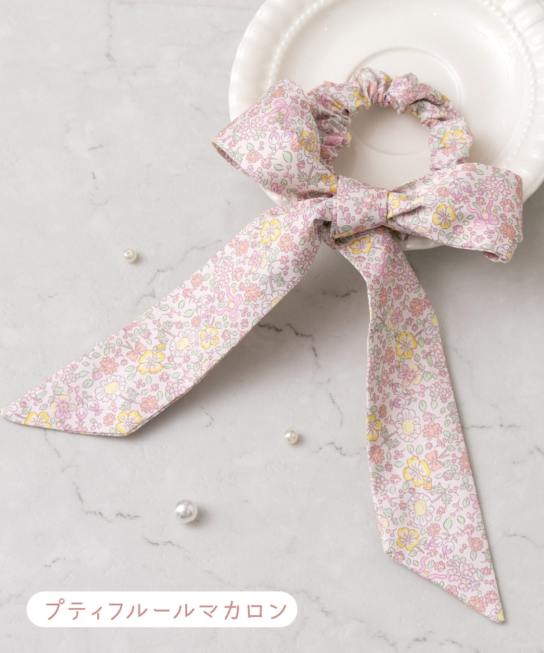 ハンドメイドシュシュM-4222♡花柄ジョーゼット♡リボン付♡ S-633