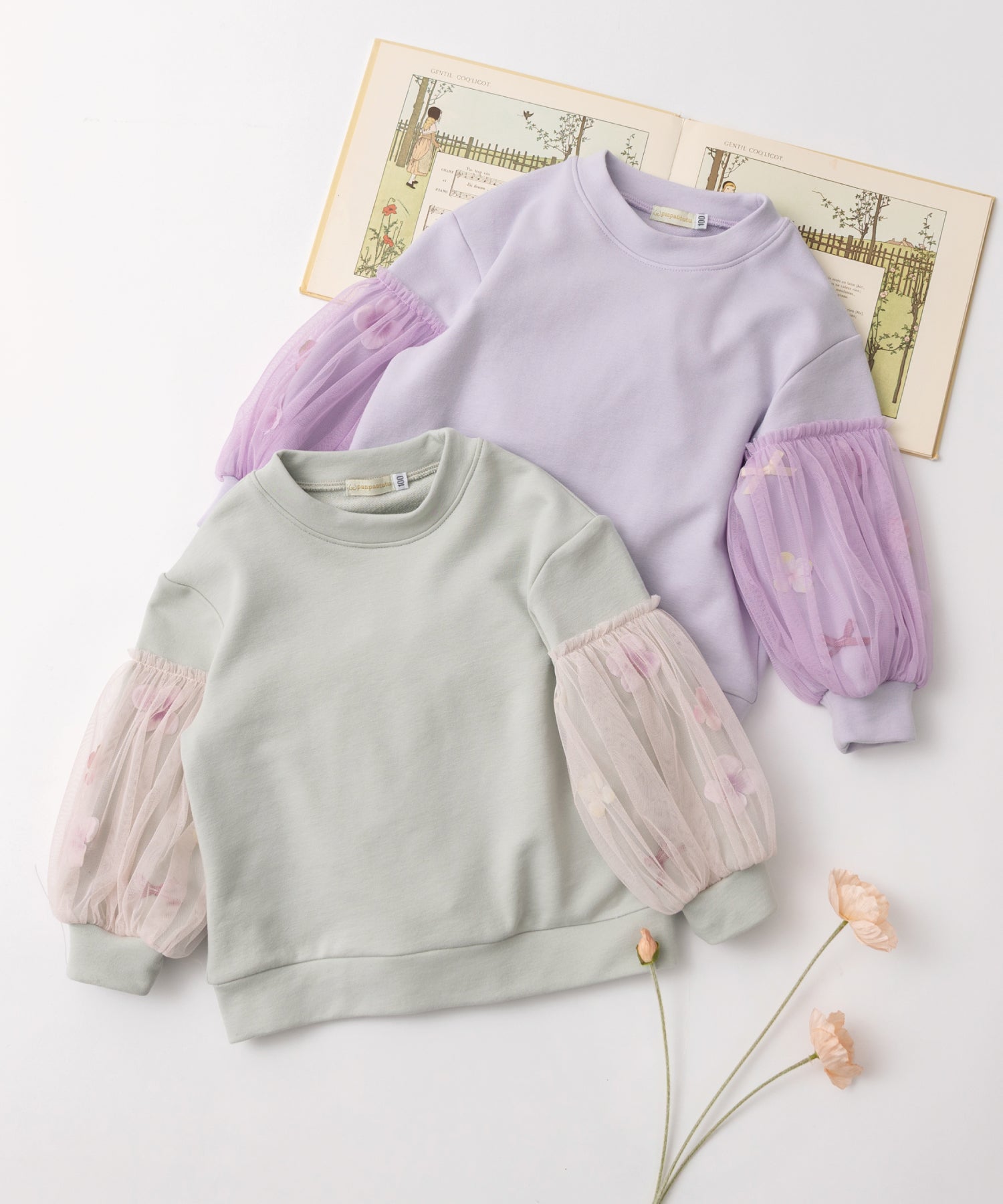 お花とリボンのバルーンスリーブスウェット/クリームミント