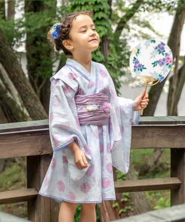 浴衣ドレス3点セット（浴衣＋帯＋ポンポン）/紫陽花リボン